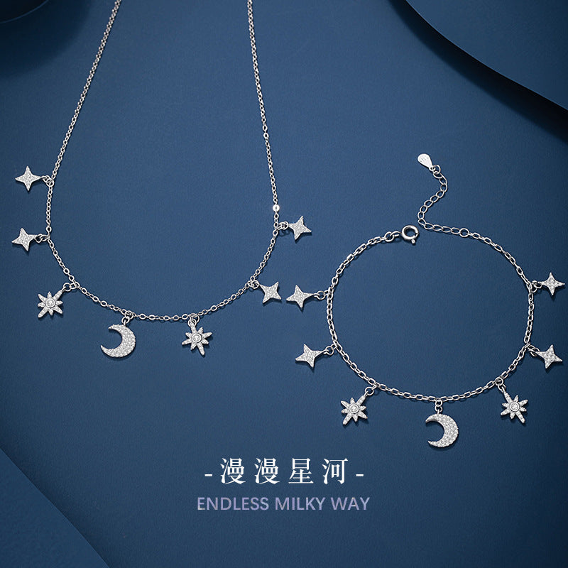 Star Moon Sterling Silver 925 Necklace Female Niche Design Light Luxury Eight Awn Star Clavicle Chain Ins Style Sun Pendant