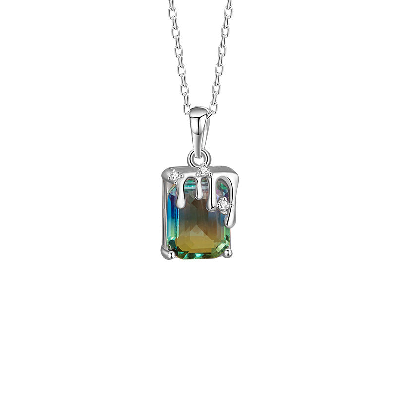 Tourmaline Streamer Necklace S925 Sterling Silver Inlaid Synthetic Tourmaline Pendant Niche Lucky Luck Clavicle Chain Light Luxury Gift