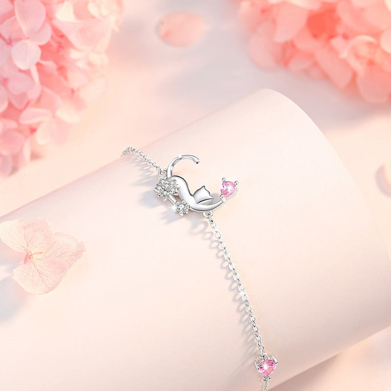 Cute Cat Sterling Silver 925 Bracelet Female Niche Design Light Luxury Pink Diamond Bracelet Valentine's Day Gift Ins Cat Bracelet