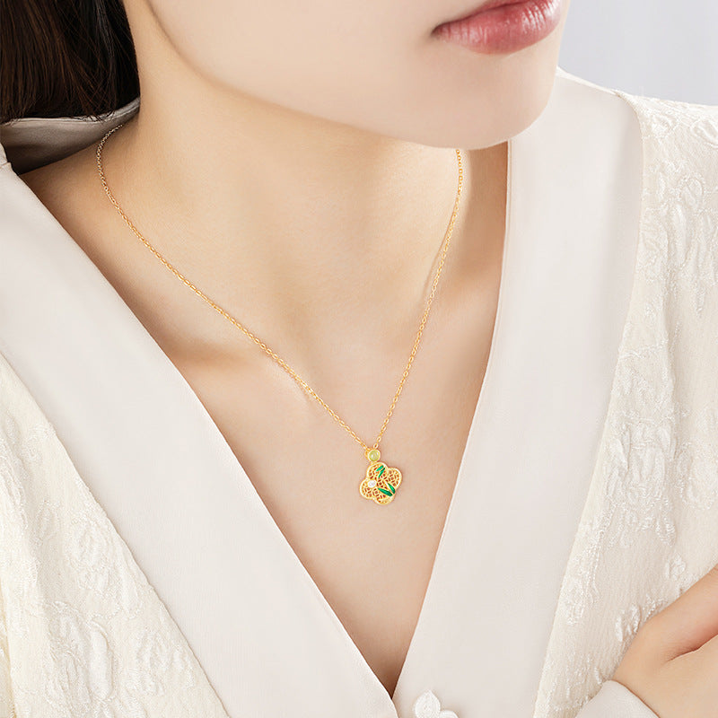 Original Lucky Four-Leaf Clover Hetian Jasper Sterling Silver 925 Necklace New Chinese Style Bamboo Clavicle Chain Ins Window Flower Pendant