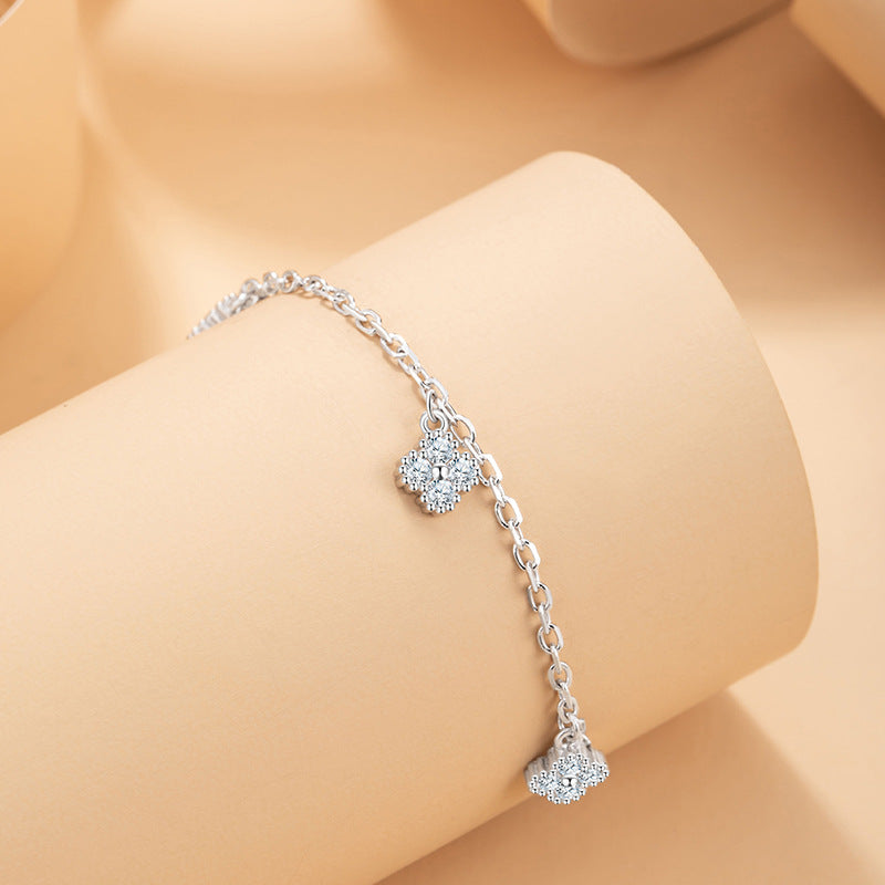 Lucky Clover Sterling Silver 925 Bracelet Female Niche Design Light Luxury Zircon Petal Bracelet Ins Flower Bracelet
