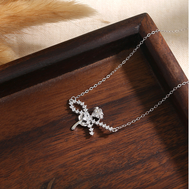 Rose Starry S925 Sterling Silver Necklace for Women Light Luxury High-Grade Clavicle Chain Valentine's Day Birthday Gift for Girlfriend