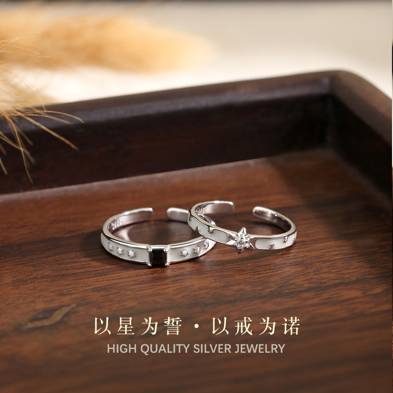 S925 Sterling Silver Couple Couple Ring Simple Enamel Craft Black and White with Star Ring Valentine's Day Gift