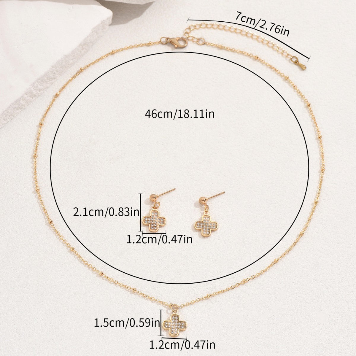Fashionable Simple Korean Style Women's Inlaid Zircon Necklace Earrings Set Personalized Four-Leaf Clover Design Clavicle Chain Earrings