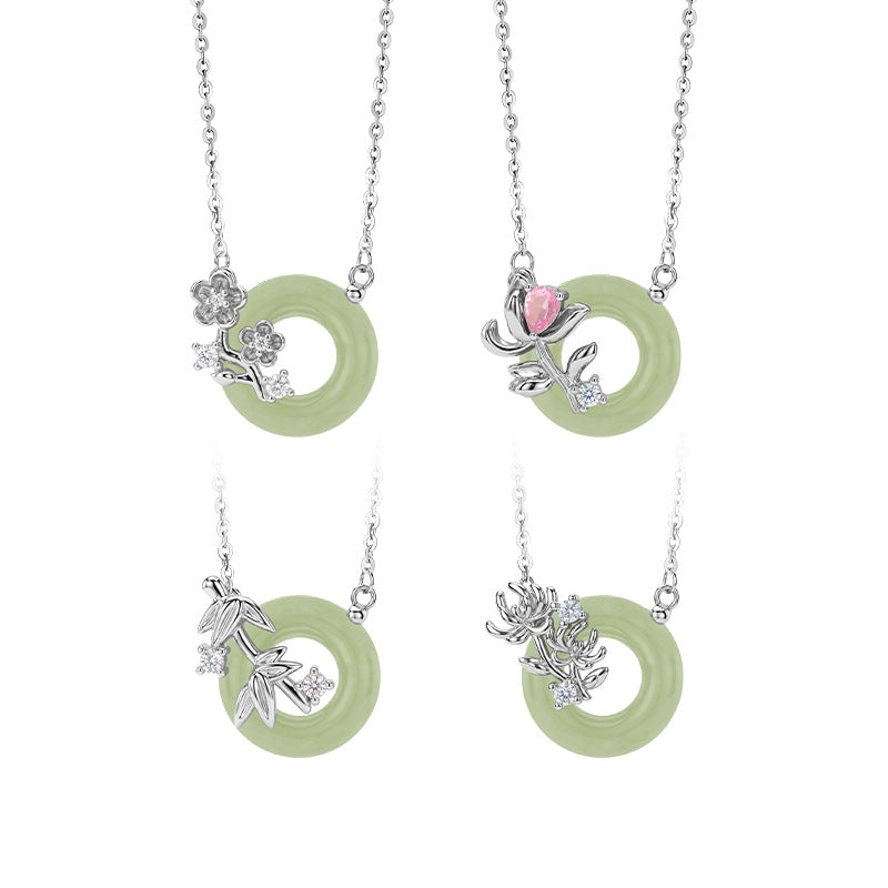 National Style Meilan Chrysanthemum Bamboo S925 Sterling Silver Hetian Jade Peace Buckle Necklace New Chinese Jade Pendant Niche Chain Clavicle