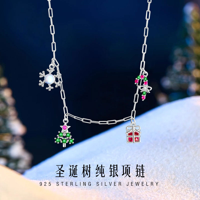 Christmas Tree Sterling Silver 925 Necklace Niche Design Light Luxury Snowflake Zircon Clavicle Chain Ins Style Bow Pendant