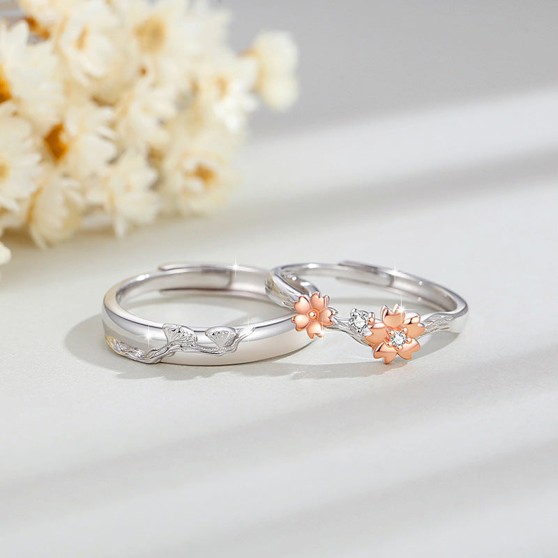 Cherry Blossom Sterling Silver 925 Couple Ring Men and Women Niche Design Light Luxury Zircon Ring Get Things Ins Flower Ring