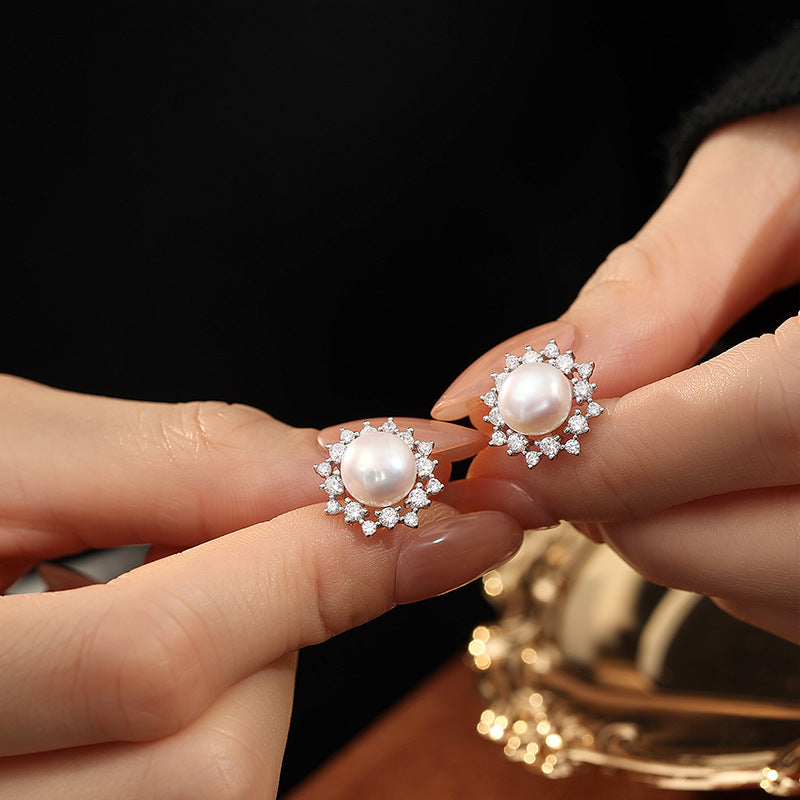 Freshwater Pearl S925 Sterling Silver Necklace Earrings Ring Set Bread Beads Sunflower Zircon Inlaid Light Luxury Gift