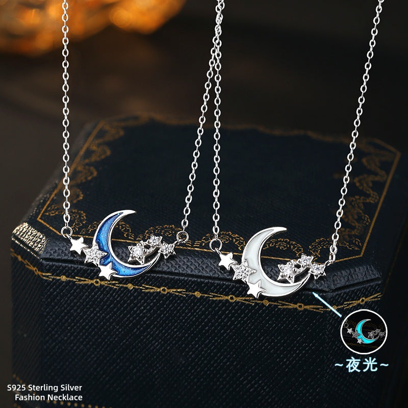 Luminous Enamel Craft S925 Sterling Silver Star Moon Necklace Female Moonstone White Agate Pendant Clavicle Chain Silver Jewelry Wholesale