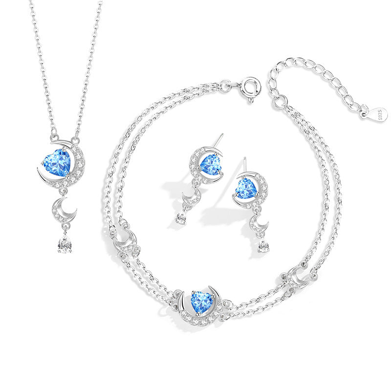 Moon Sterling Silver 925 Necklace Female Niche Design High-Grade Navy Blue Zircon Star Clavicle Chain Ins Love Pendant