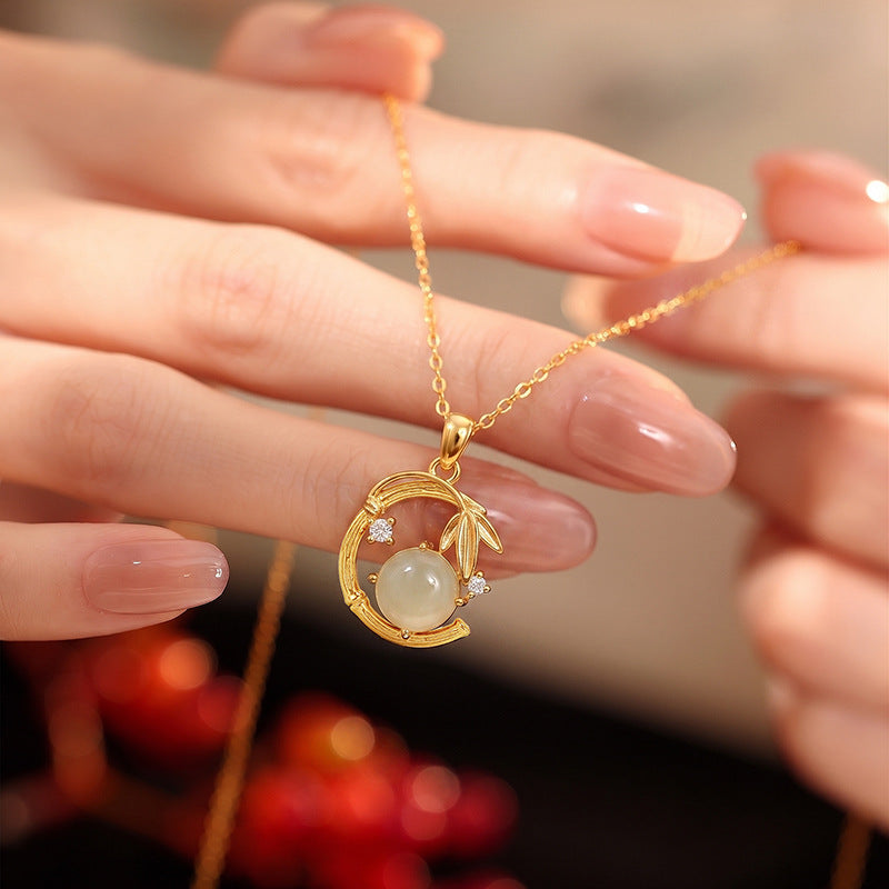 National Style Hetian Jade Has Enough Set for You S925 Sterling Silver Necklace Earrings Light Luxury Clavicle Chain Valentine's Day Gift for Women
