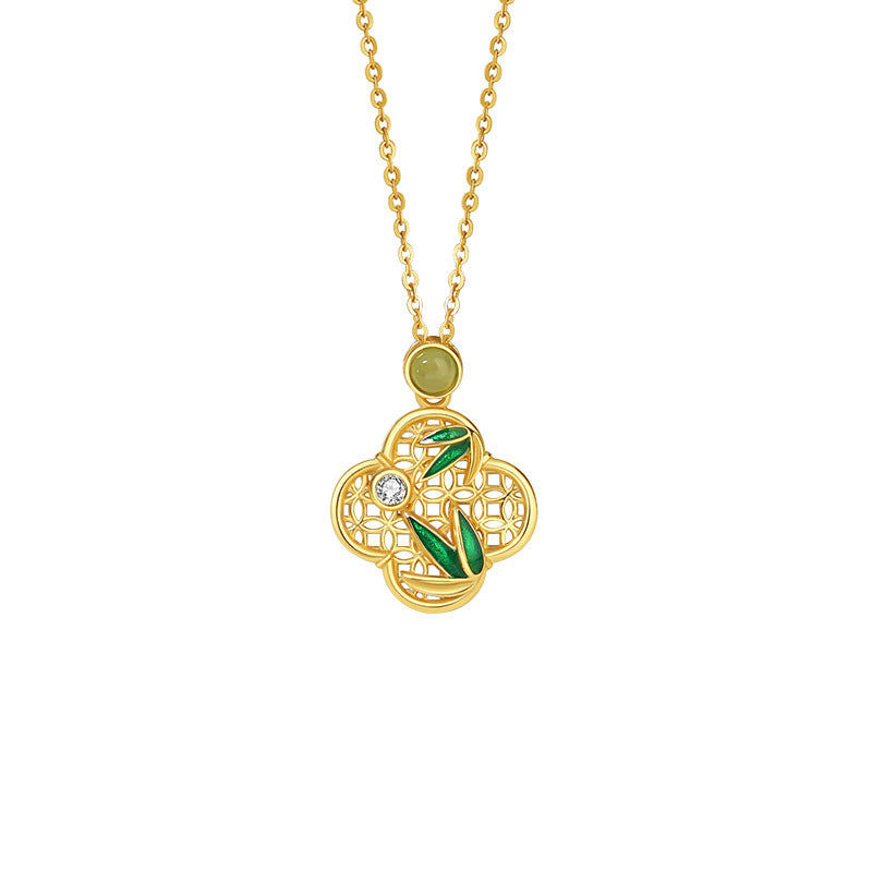 Original Lucky Four-Leaf Clover Hetian Jasper Sterling Silver 925 Necklace New Chinese Style Bamboo Clavicle Chain Ins Window Flower Pendant