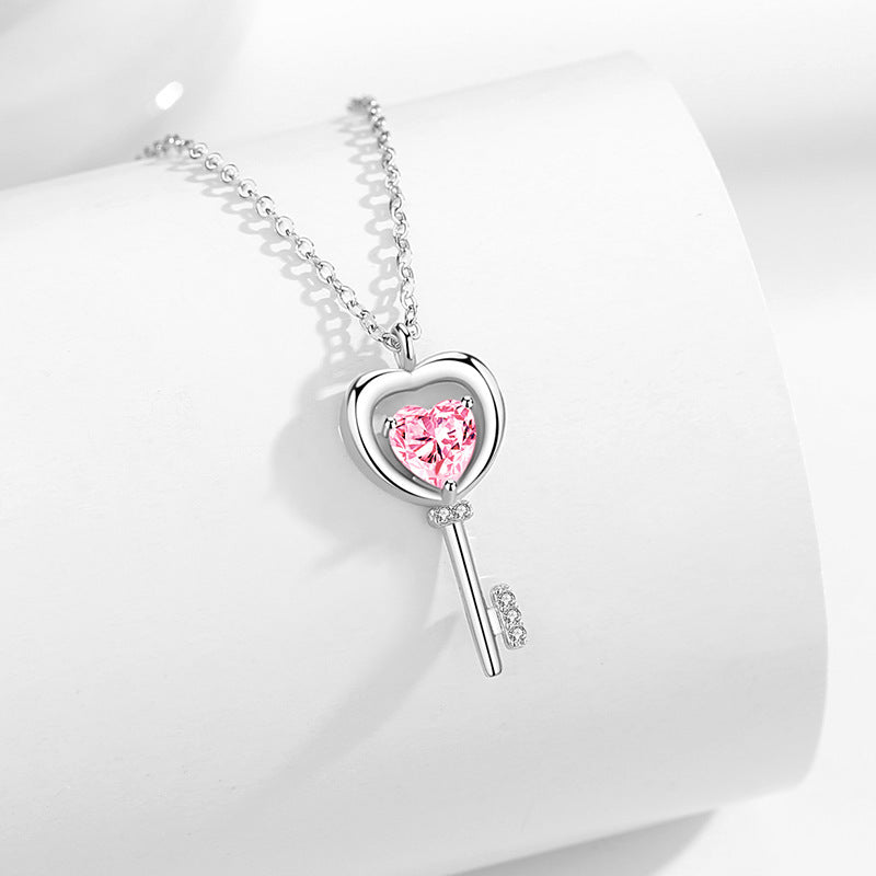 S925 Sterling Silver Heart Key Love Necklace Pink Diamond Key Pendant Light Luxury Sweet Valentine's Day Gift Clavicle Chain