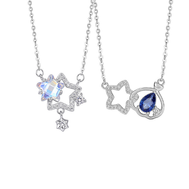 S925 Sterling Silver Necklace Women's Colorful Glazed Stone Star Pendant Niche Light Luxury High-Grade Double Star Clavicle Chain