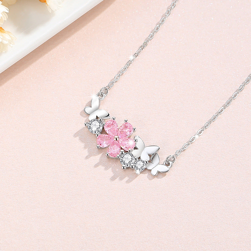 Cherry Blossom Sterling Silver 925 Necklace Female Niche Design Light Luxury Pink Diamond Clavicle Chain 520 Valentine's Day Butterfly Pendant
