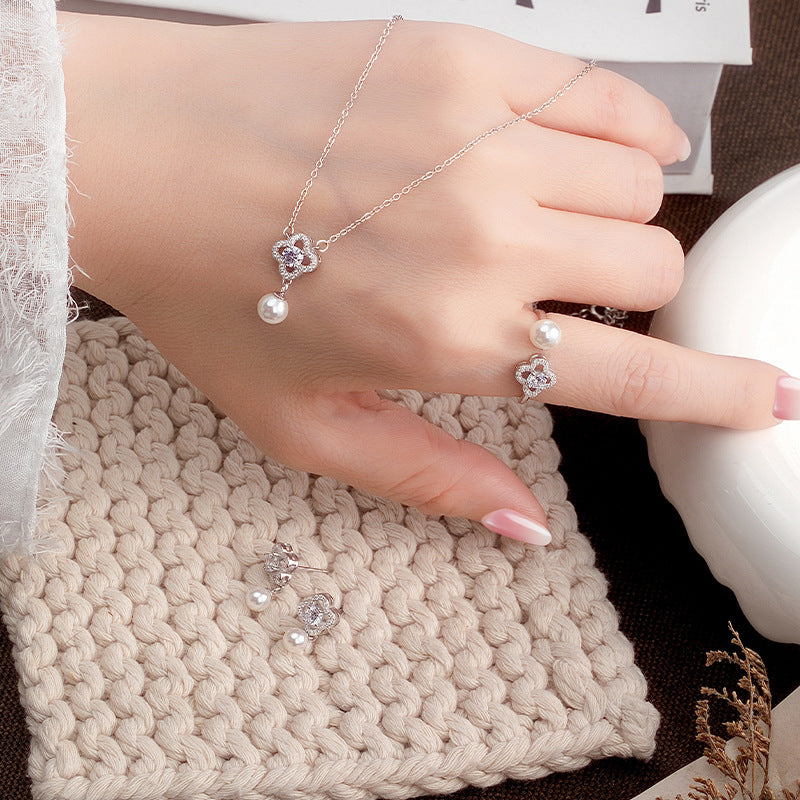 New S925 Sterling Silver Clover Pearl Set Necklace Stud Earrings Ring Light Luxury Zircon Jewelry Female Factory Direct Supply