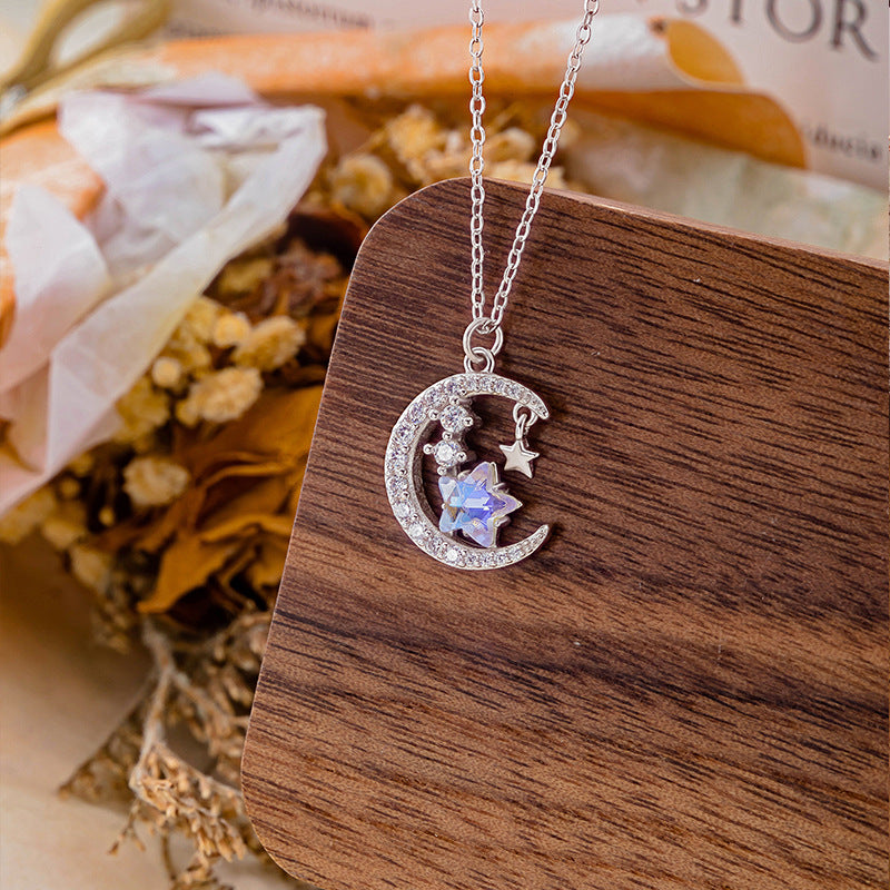 New Exquisite S925 Sterling Silver Necklace Women's Colorful Five-Pointed Star Clavicle Chain Light Luxury Fantasy Star Moon Girl Heart Gift
