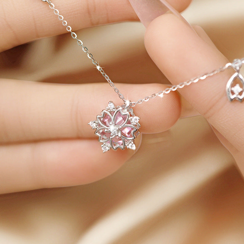 Cherry Blossom Sterling Silver 925 Necklace Female Niche Design Light Luxury Pink Zircon Clavicle Chain Get Things Ins Style Pendant