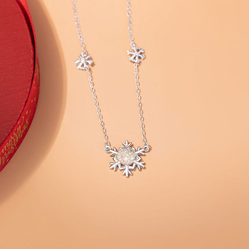 Snowflake Sterling Silver 925 Necklace Women's Fashion Versatile Glazed Stone Star Clavicle Chain Ins Style Christmas Pendant
