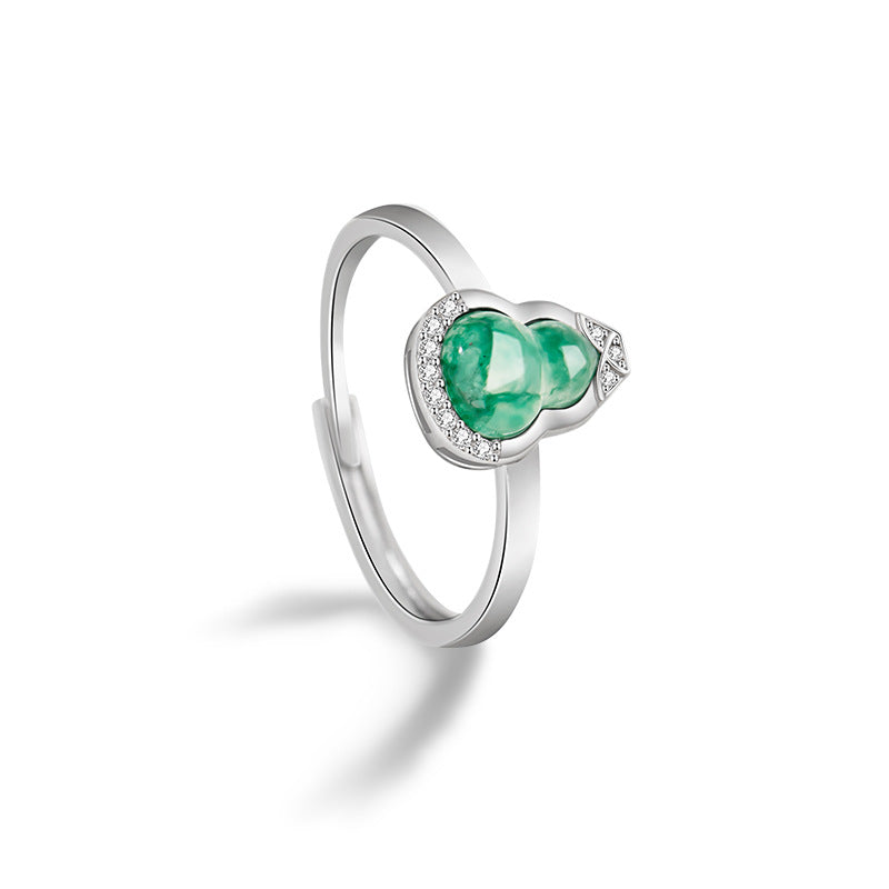 Fu Lu Double Full Sterling Silver 925 Ring Female New Chinese National Fashion Natural African Emerald Ring Ins Style Gourd Ring