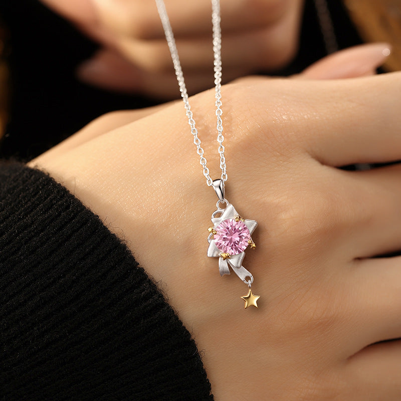 Princess Escape Bow S925 Sterling Silver Necklace Exquisite Brushed Craft Pink White Zircon Girl Style Gift Silver Jewelry