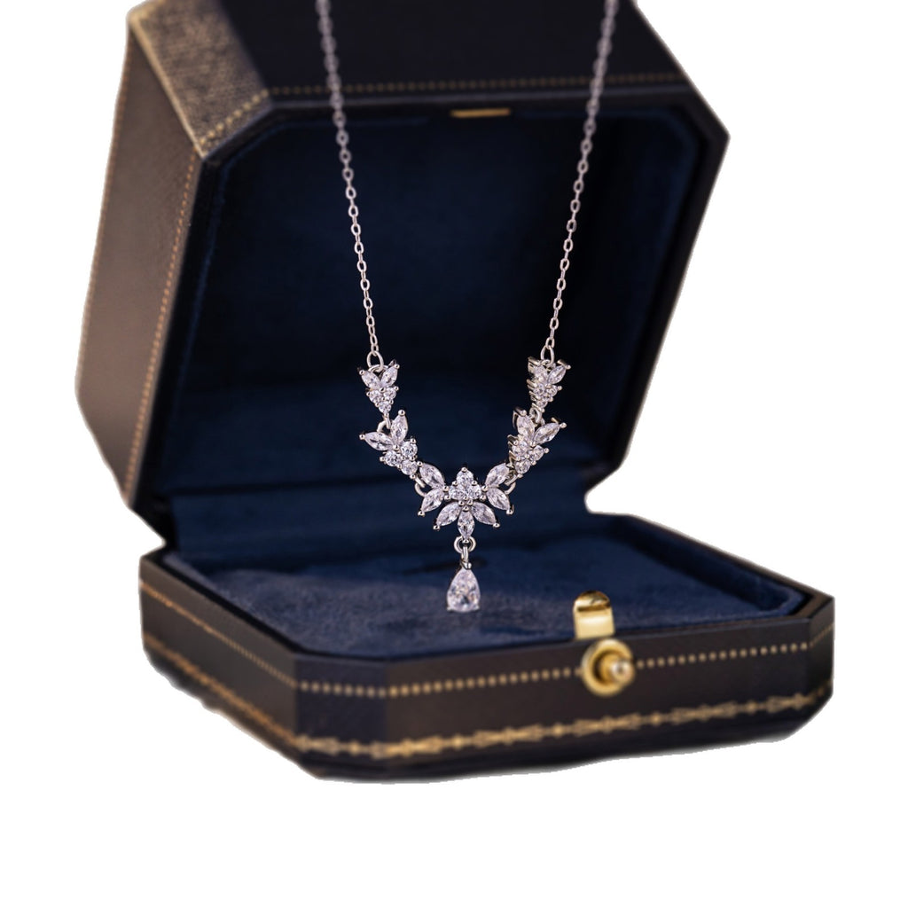 S925 Silver Platinum-Plated Olive Branch V-Shaped Necklace Water Drop Zircon Clavicle Chain Light Luxury Commuter Live Broadcast Hot Goods