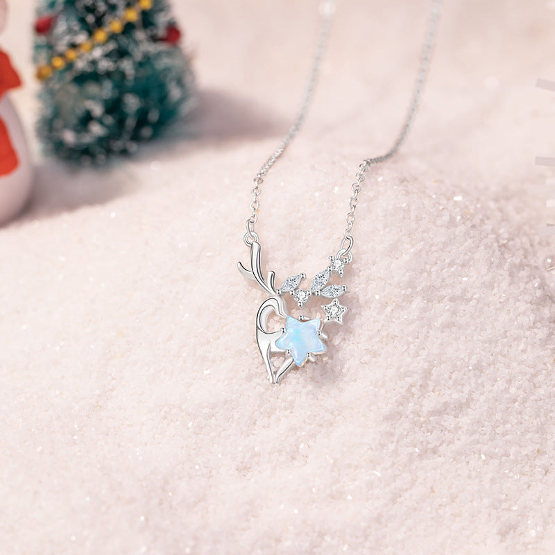 Yi Lu Has You Sterling Silver 925 Necklace Women's Light Luxury Star Glass Stone Clavicle Chain Christmas Ins Antler Pendant