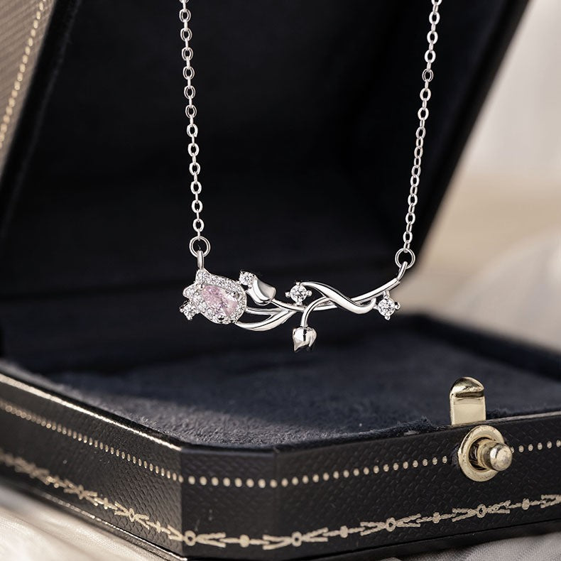 Tulip Sterling Silver 925 Necklace Women's Light Luxury High-Grade Zircon Clavicle Chain Ins Little Red Book Same Style Flower Pendant