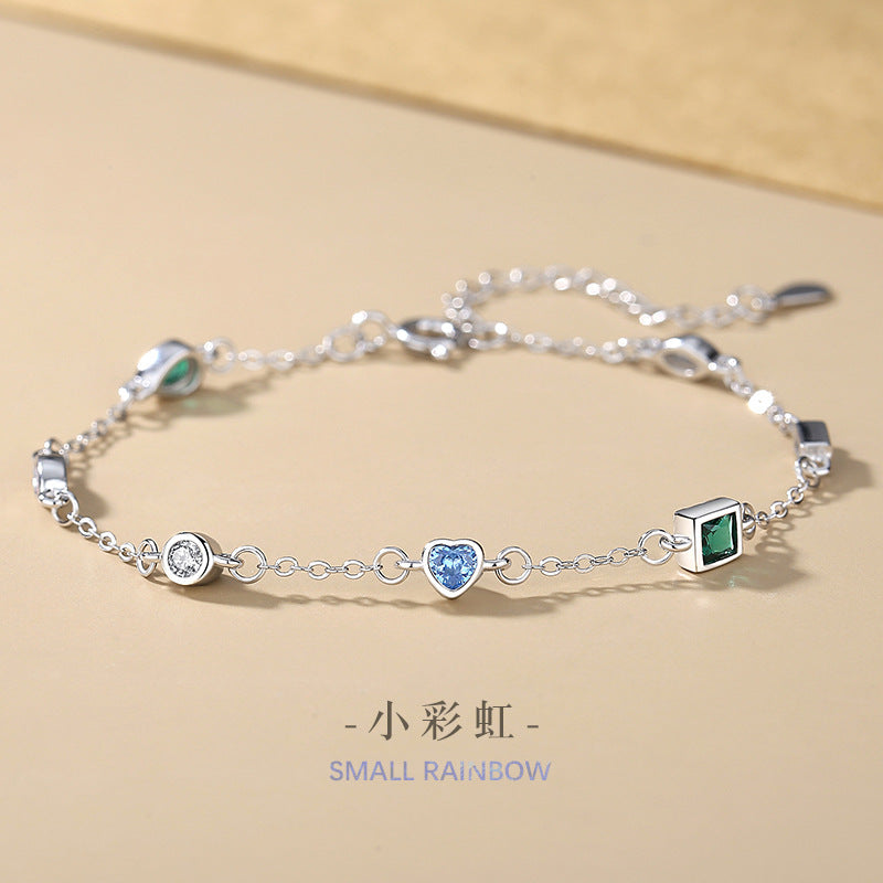 Lovely Sterling Silver 925 Bracelet Female Niche Design Light Luxury Zircon Bracelet Ins Style Gift Girlfriend Rainbow Bracelet