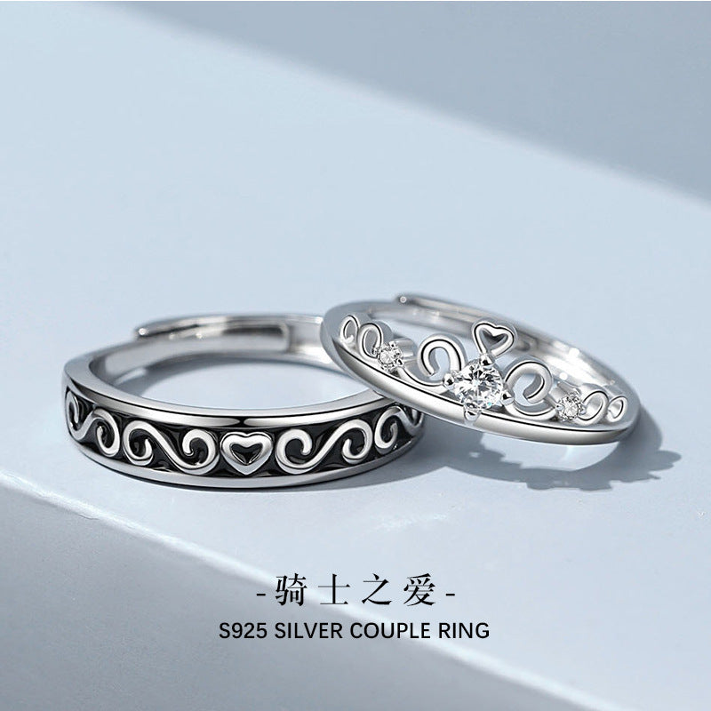 Princess and Knight Sterling Silver 925 Couple Ring Fashion Versatile Love Zircon Ring Ins Style Crown Ring