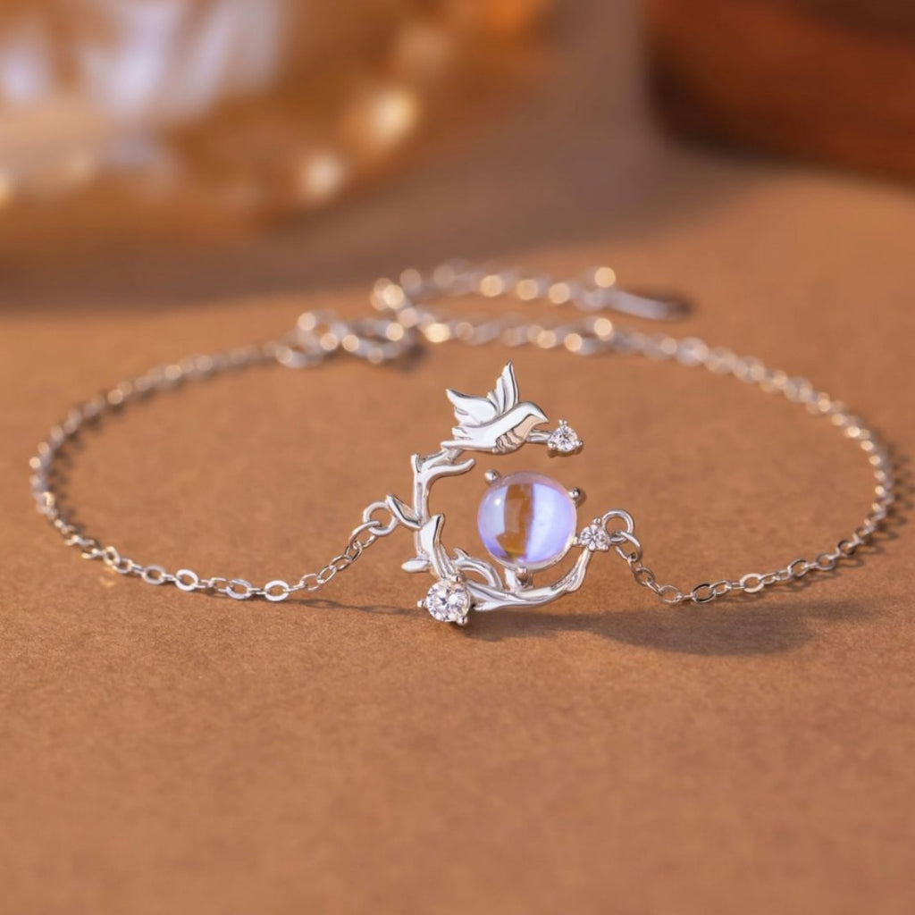 Bracciale in argento sterling 925 – eucalipto e uccello e zirconi
