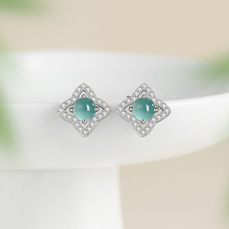 Lucky Clover Sterling Silver 925 Stud Earrings Women's New Chinese Style Natural Blue Water Dangerous Jade Earrings Ins Flower Earrings