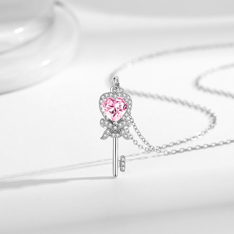 S925 Sterling Silver Heart Key Love Necklace Pink Diamond Key Pendant Light Luxury Sweet Valentine's Day Gift Clavicle Chain