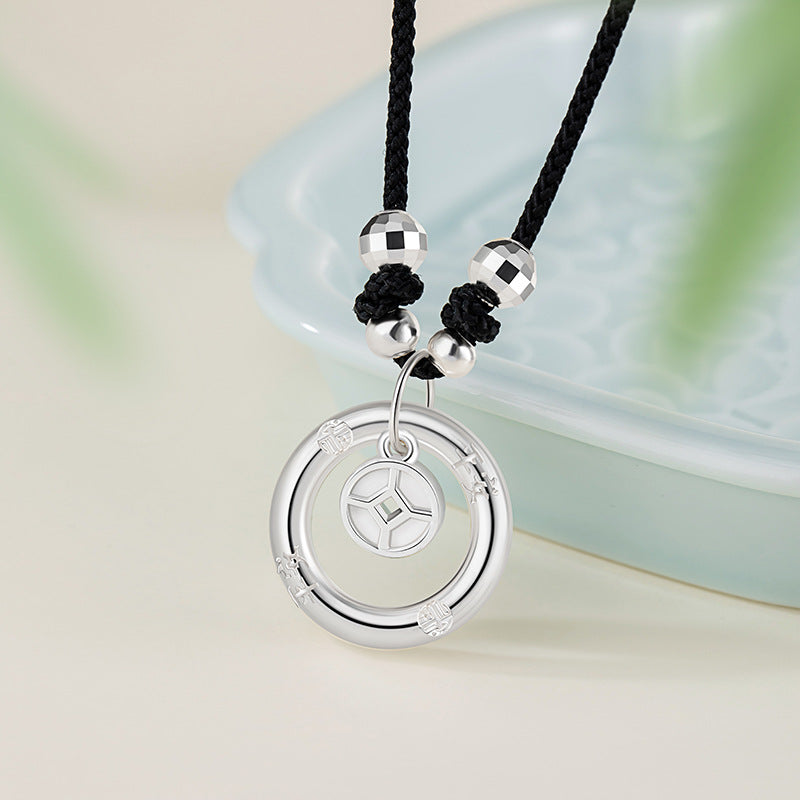 Safety Buckle Pure Silver 999 Necklace Men's Niche Design Light Luxury Coin Necklace Ins Style Copper Coin Pendant for Boyfriend