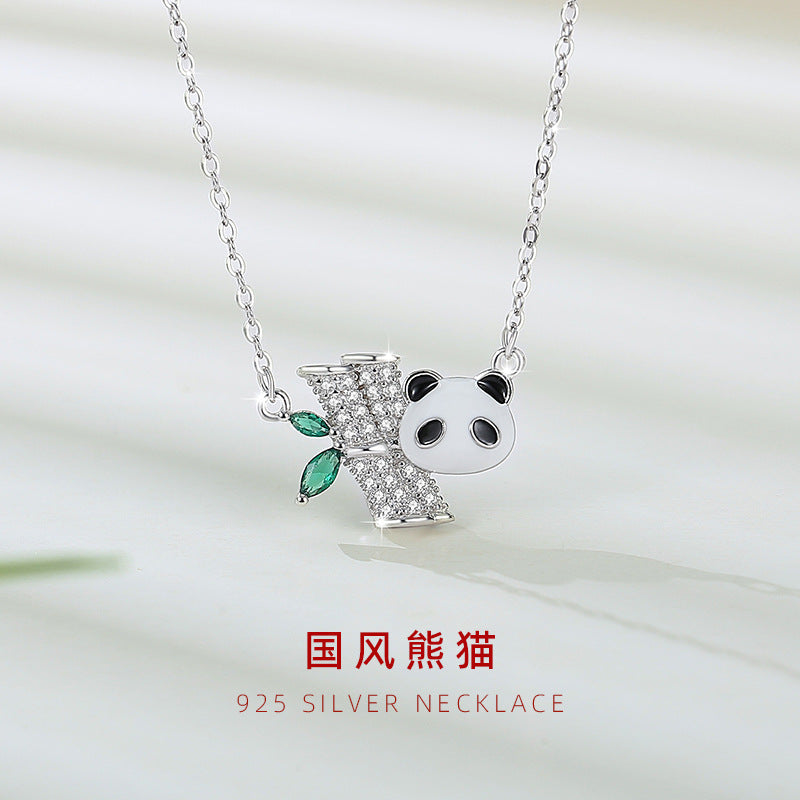 Panda Sterling Silver 925 Necklace Female Niche Design Light Luxury Zircon Clavicle Chain Get Things Ins Style Bamboo Pendant