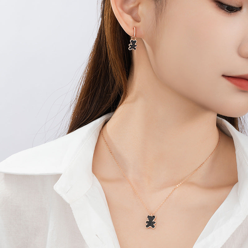 Cute Teddy Bear Sterling Silver 925 Necklace Women's Light Luxury High-Grade Full Diamond Zircon Clavicle Chain Ins Style Love Pendant