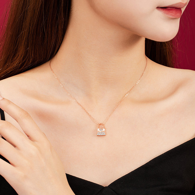 Love Bag Sterling Silver 925 Necklace Female Niche Design Light Luxury Zircon Clavicle Chain Ins Heart Lock Pendant