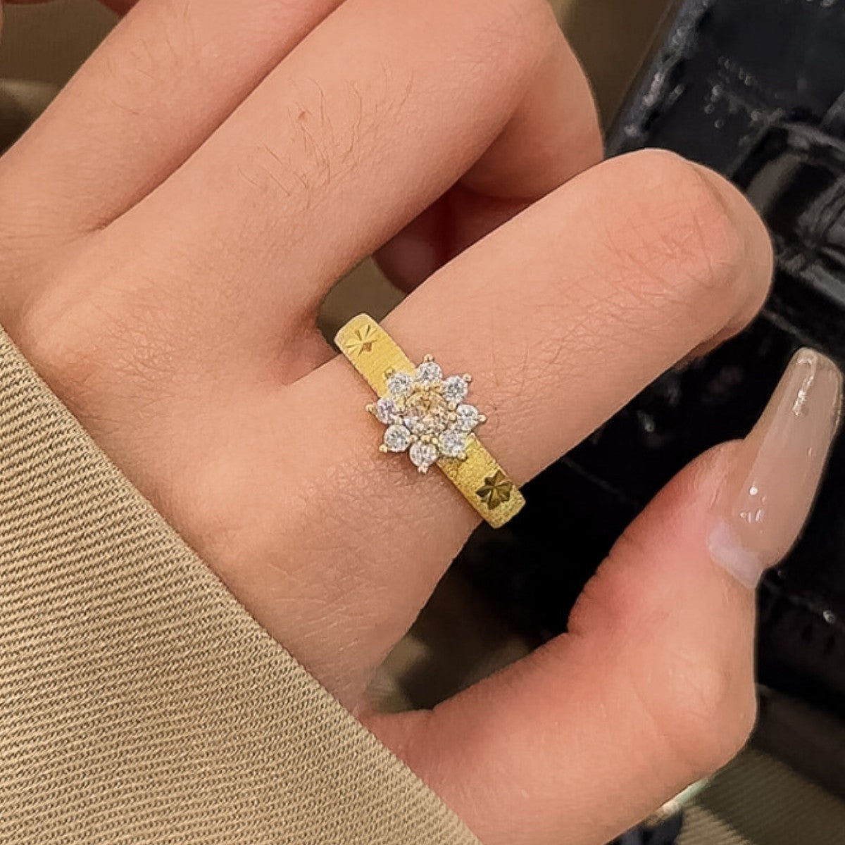 Sunflower Sterling Silver 925 Ring Women's Vintage Court Style Zircon Flower Ring Ins Style Brushed Ice Flower Ring