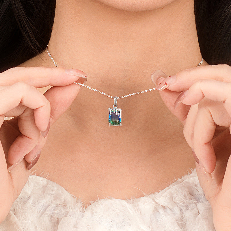 Tourmaline Streamer Necklace S925 Sterling Silver Inlaid Synthetic Tourmaline Pendant Niche Lucky Luck Clavicle Chain Light Luxury Gift