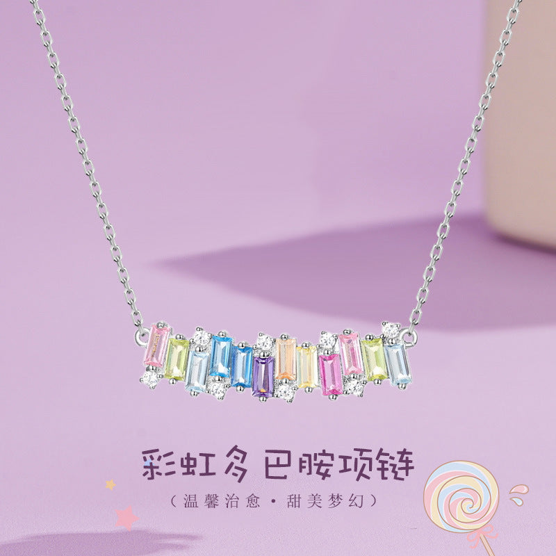Smile Rainbow Sterling Silver 925 Necklace Female Sweet Cute Style Zircon Clavicle Chain Ins Little Red Book Dopamine Pendant