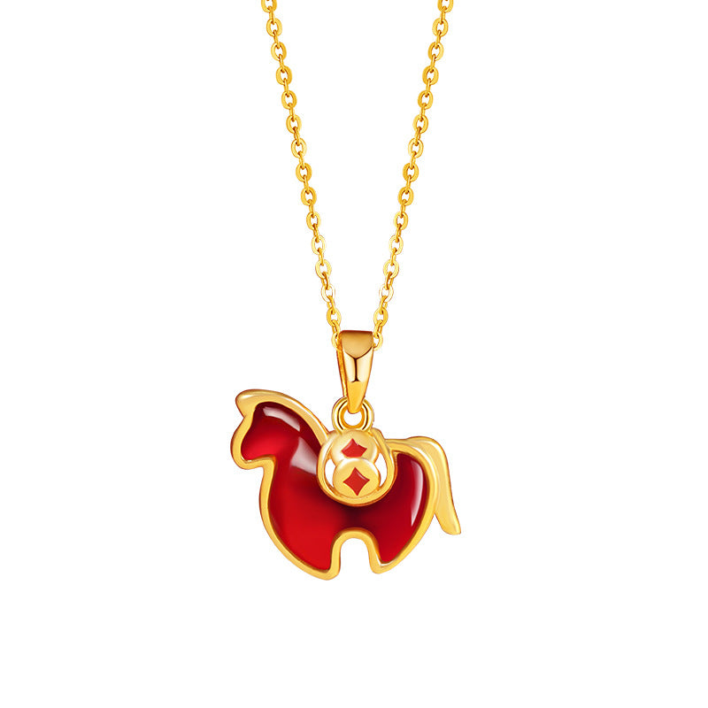 Immediately Rich Flower Sterling Silver 925 Necklace Female New Chinese Red Agate Copper Coin Birth Year Clavicle Chain Zodiac Pendant
