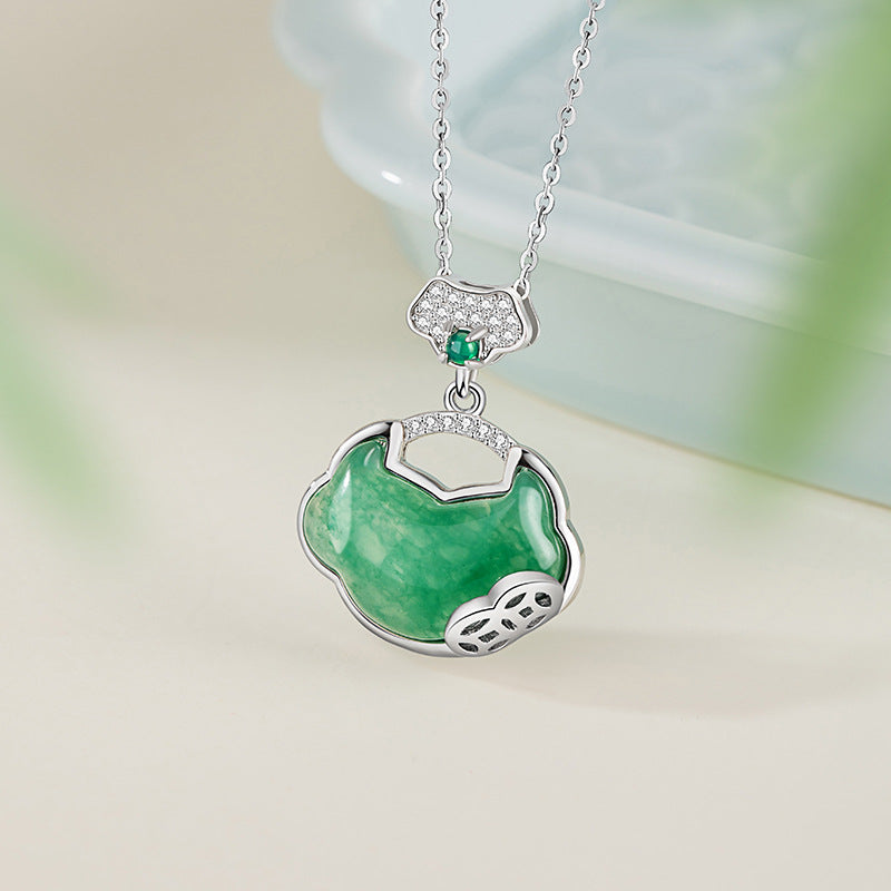 Xiangyun Ruyi Lock Sterling Silver 925 Necklace Women's New Chinese Natural African Emerald Coin Clavicle Chain Safety Lock Pendant