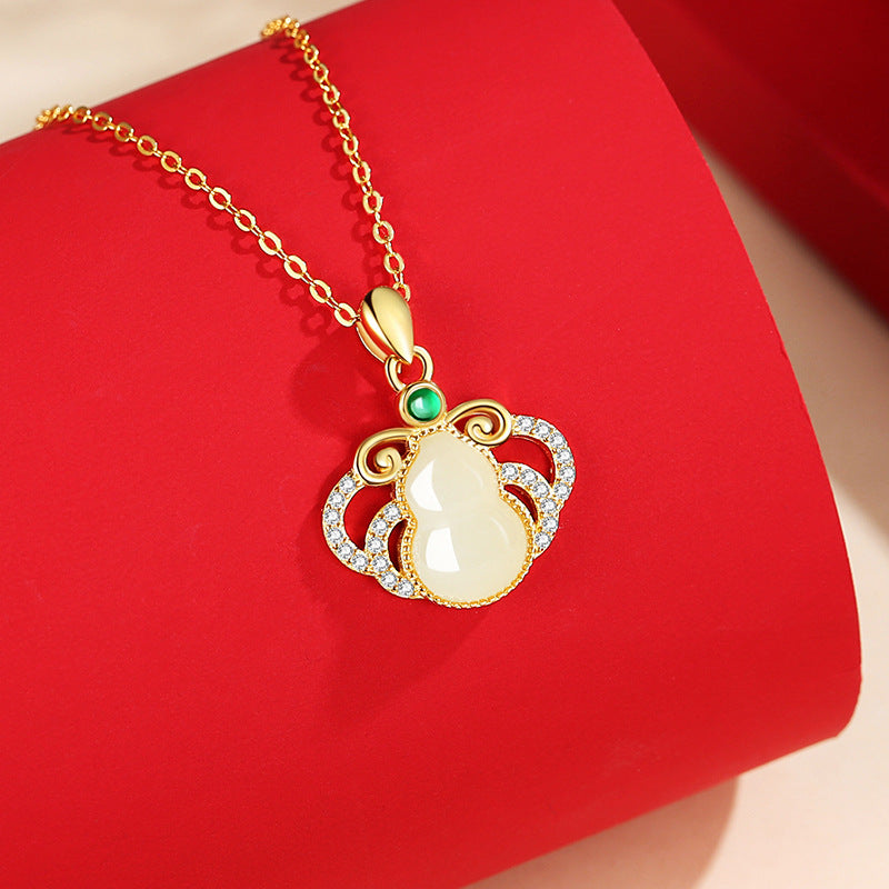 Fu Lu Double Full Hetian Jade Sterling Silver 925 Necklace Women's National Fashion Ethnic Style Clavicle Chain Green Agate Jade Gourd Pendant