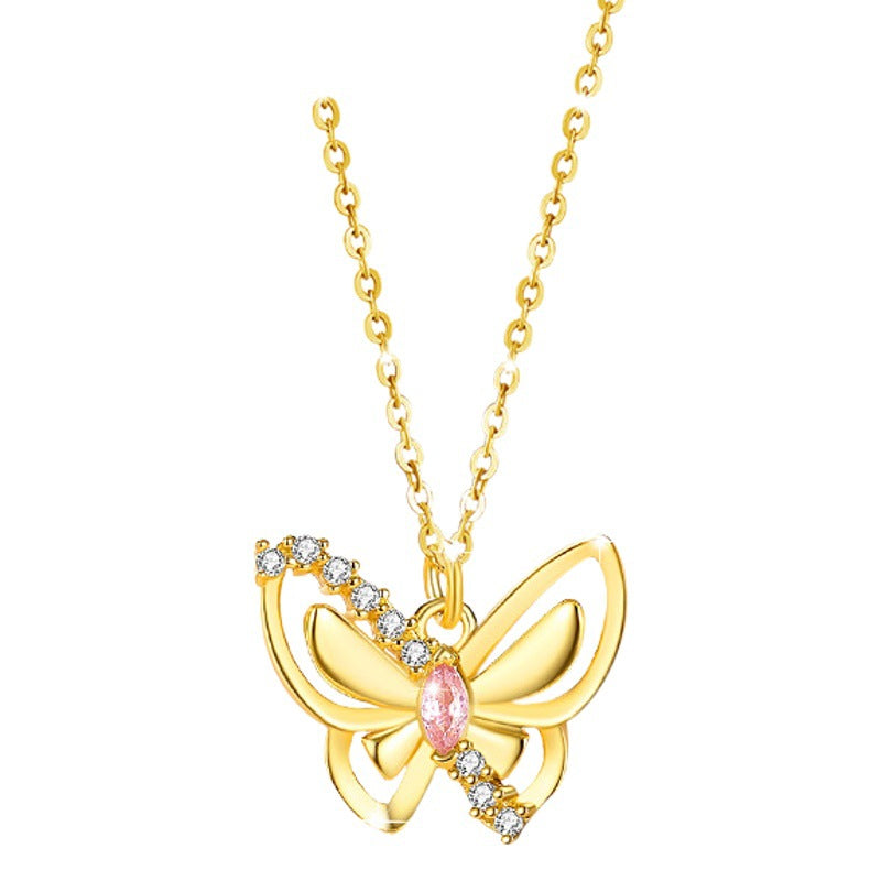Butterfly Sterling Silver 925 Necklace Female Niche Design Light Luxury Pink Diamond Clavicle Chain Get Things Ins Style Wings Pendant