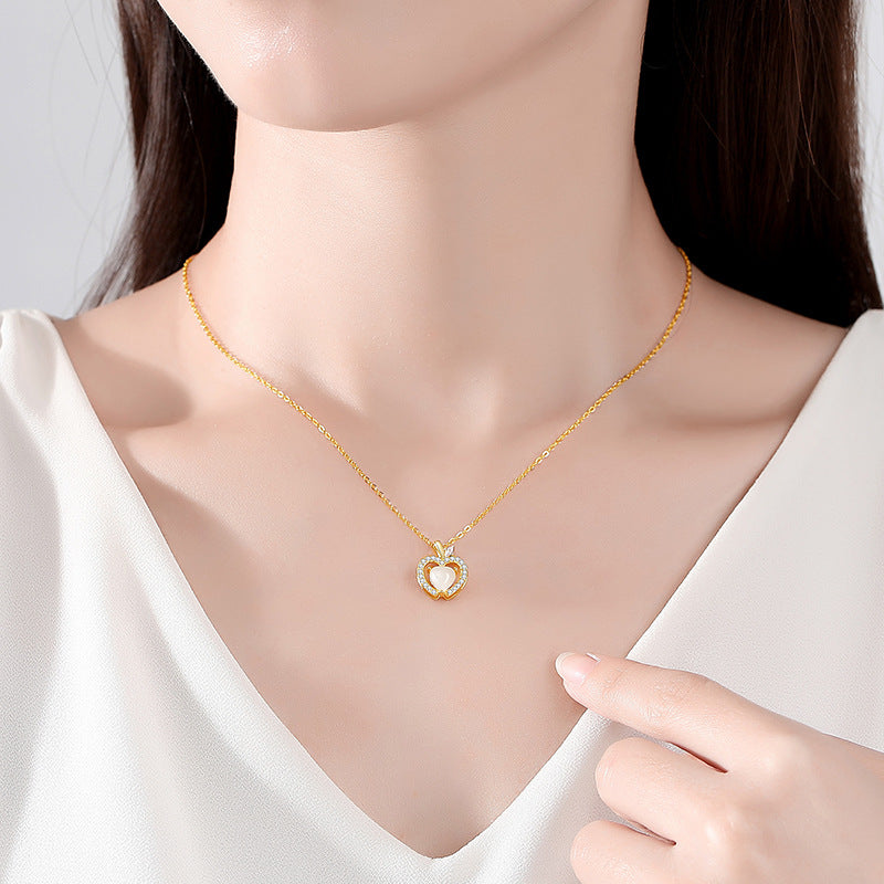 Hetian Jade Lovely Sterling Silver 925 Necklace Female Niche Design Light Luxury Apple Clavicle Chain Ins Style Zircon Pendant