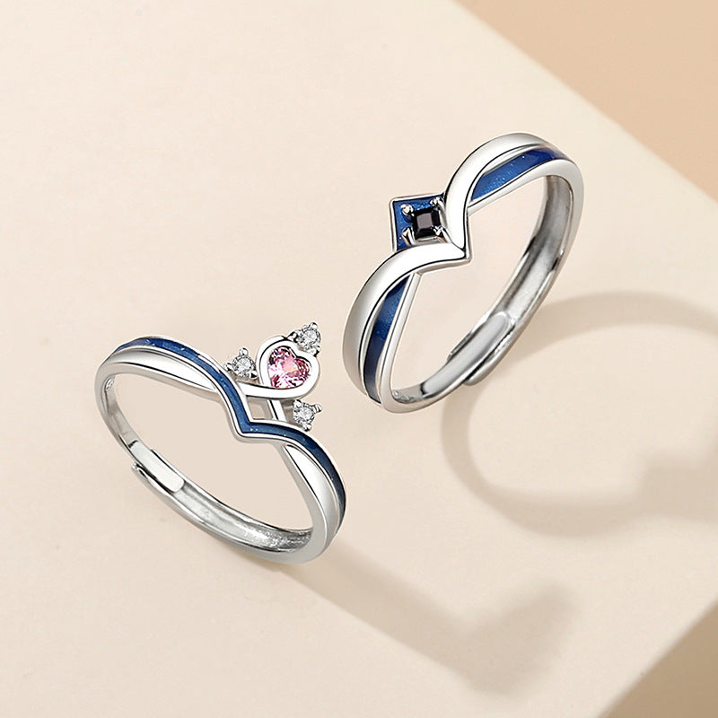 Princess and Knight Sterling Silver 925 Couple Ring Light Luxury High-Grade Love Ring Ins Style Crown Zircon Ring