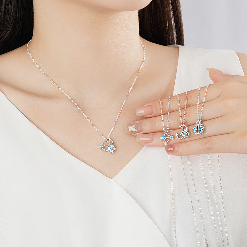 Original Twelve Constellation Sterling Silver 925 Necklace Female Niche Design Light Luxury Navy Blue Zirconium Clavicle Chain Star Pendant