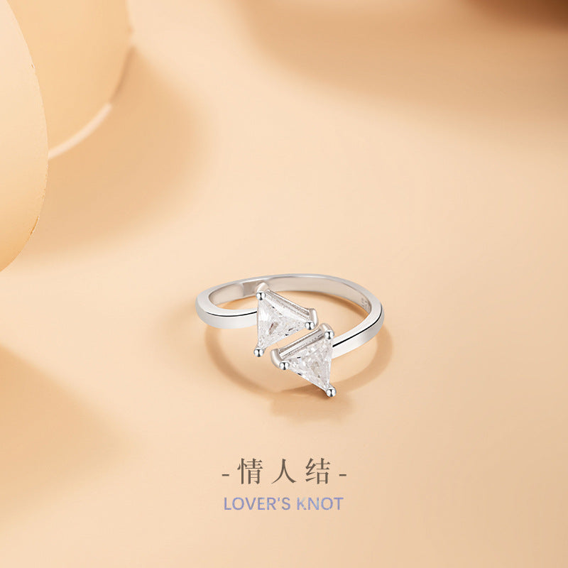 Bow Sterling Silver 925 Ring Women's Fashion Versatile Geometric Zircon Ring Ins Light Luxury Style Triangle Ring