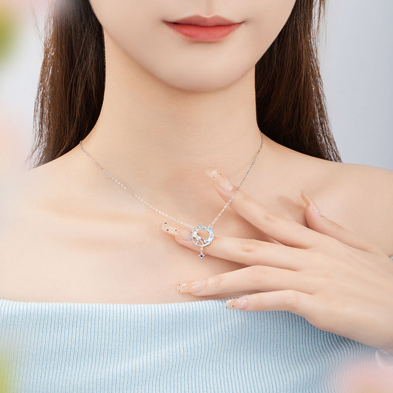 Collana in argento sterling 925 – unicorno e luna e dettaglio in vetro