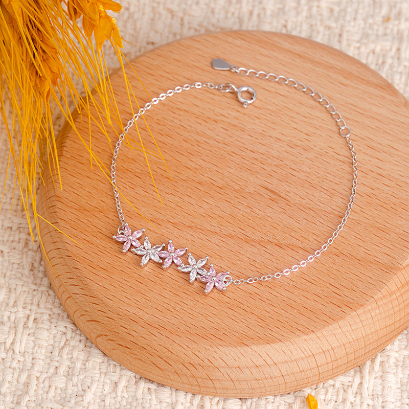 INS Style S925 Sterling Silver Necklace Bracelet Female Pink Zirconium Flower Set Niche Light Luxury Gift for Girlfriend Valentine's Day Gift